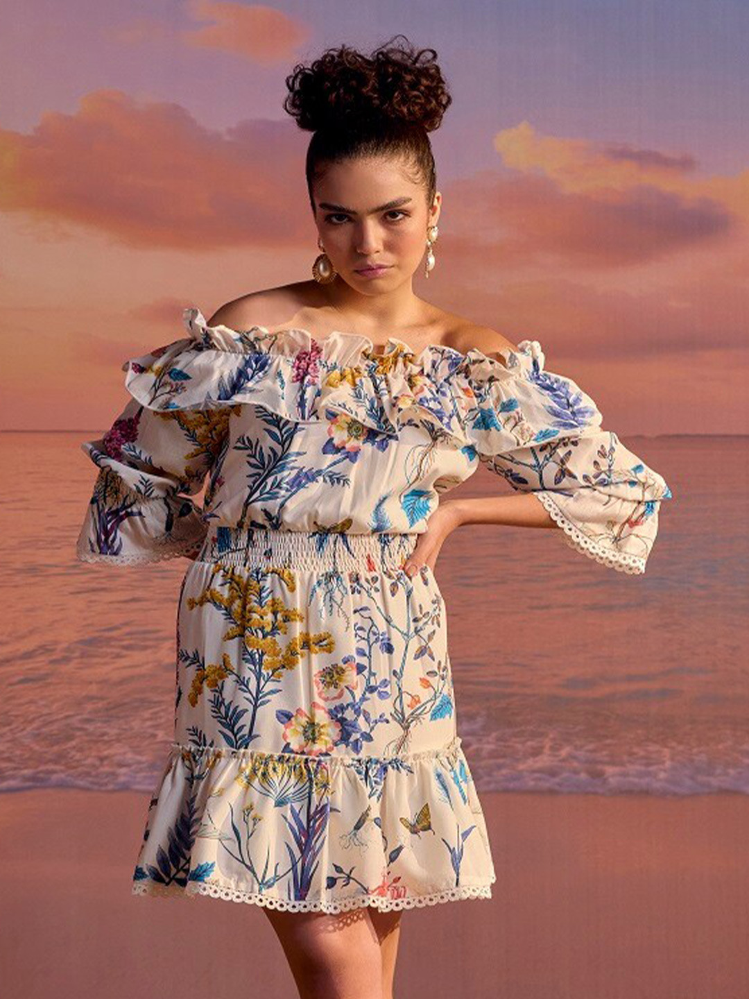 BOHO CHIC Floral Printed Off-Shoulder Fit & Flare Dress