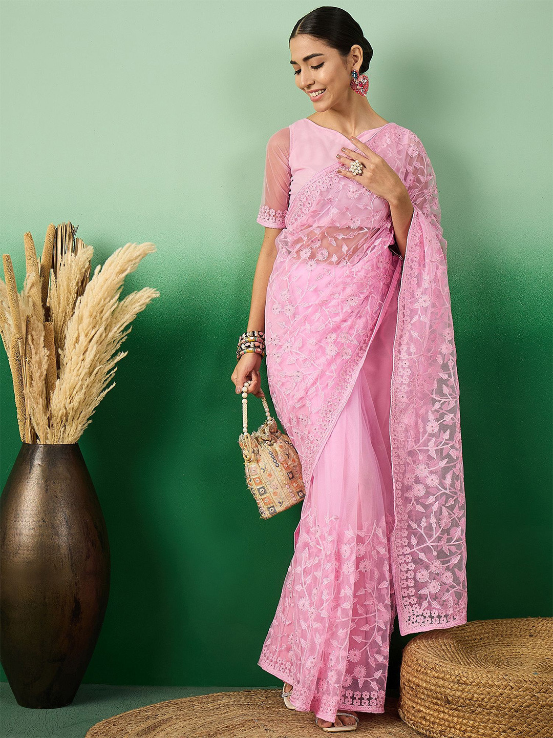 Sangria Ethereal Charm Embroidered Net Saree