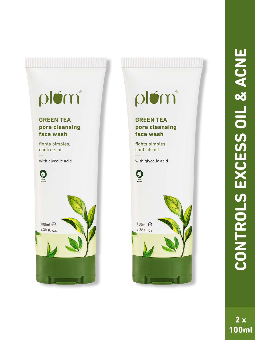 Plum 2Pcs Green Tea Pore Cleansing Gel Face Wash With Glycolic Acid - 100ml each