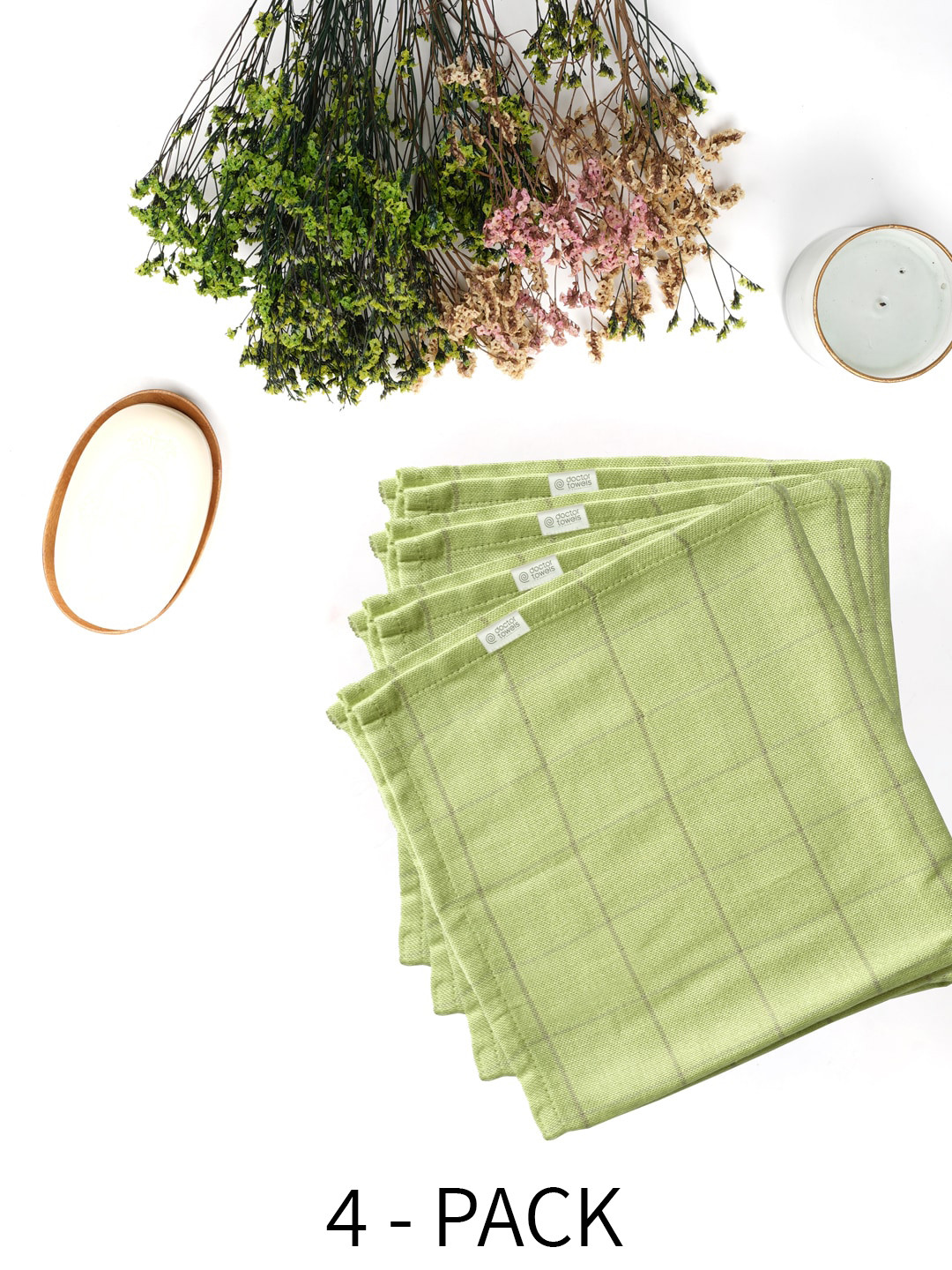 Doctor Towels Green Checked 380GSM Set of 4 Anti-Bacterial Banana Handkerchief