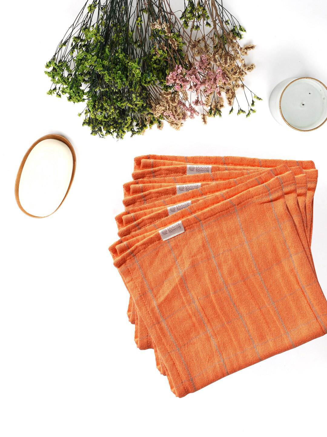 Doctor Towels Grey & Orange Checked 350GSM Set of 4 Anti-Bacterial Banana Handkerchief