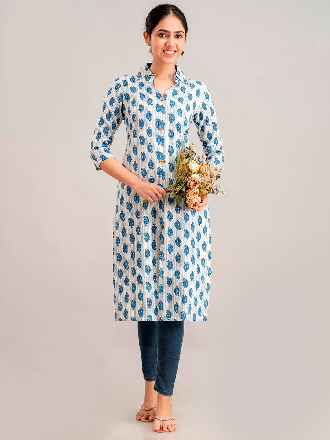 FCV Geometric Woven Design Mandarin Collar Thread Work A-Line Kurta