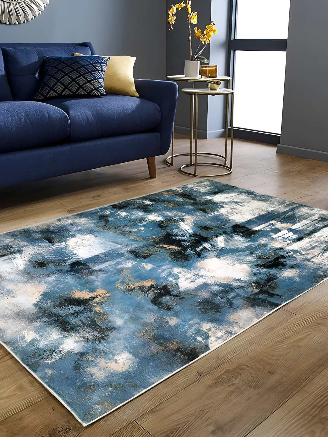 Sapana Carpet-Mats Rio Blue & White Printed Anti Skid Rectangle Contemporary Carpet
