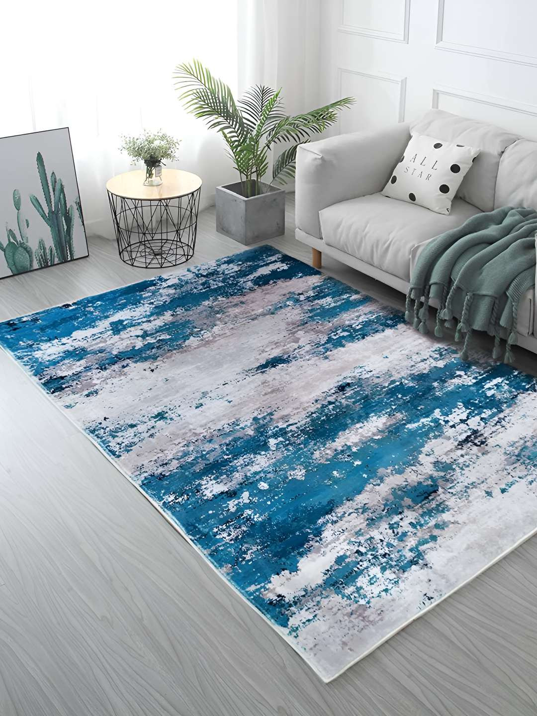Sapana Carpet-Mats Rio Blue & White Printed Anti Skid Rectangle Contemporary Carpet