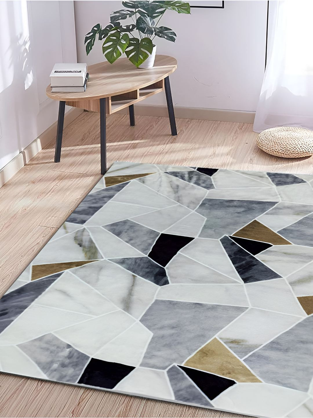 Sapana Carpet-Mats Rio White & Grey Printed Anti Skid Rectangle Contemporary Carpet