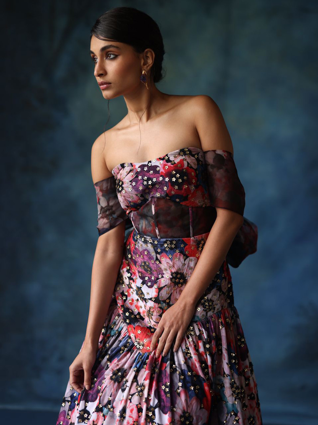 Geethika kanumilli Embellished Floral Printed Off-Shoulder Velvet Fit & Flare Dress