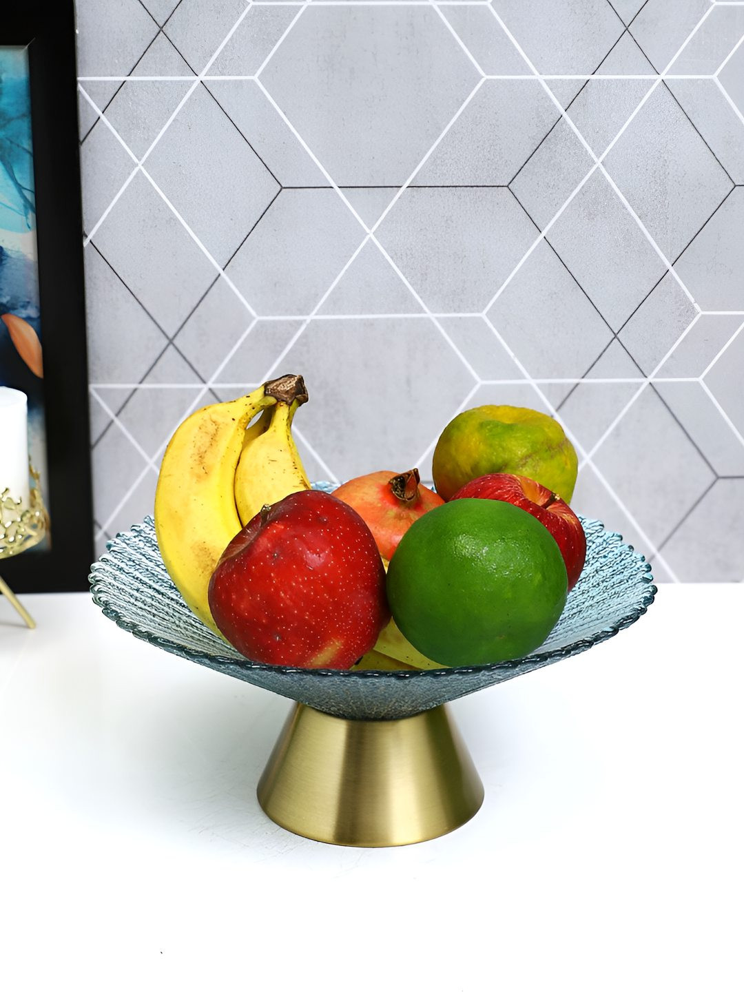 TAYHAA Blue Round Glass Fruit & Vegetable Basket