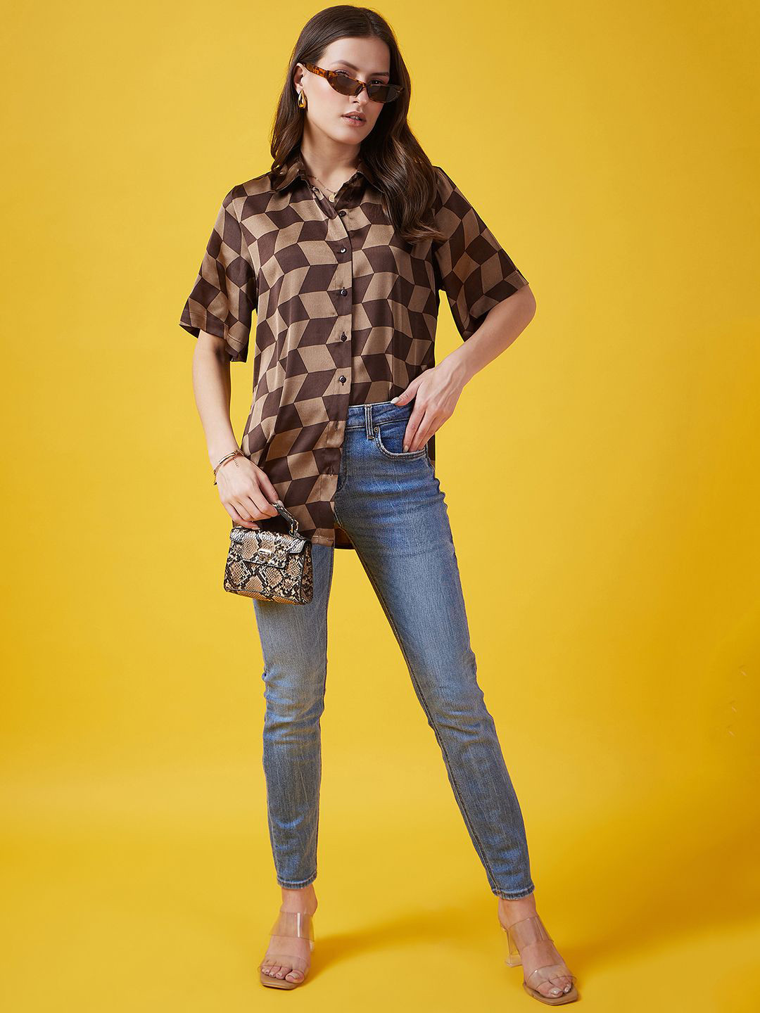 JUNE & HARRY Spread Collar Short Sleeves Relaxed Checked Relaxed Fit Party Shirt