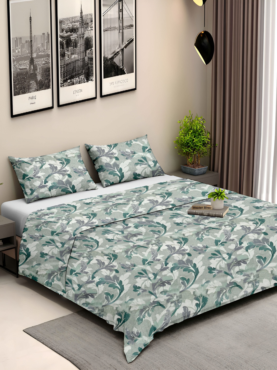 Ariana Green Floral Cotton 210 TC King Superfine Bedsheet with 2 Pillow Covers-106 x 106 inches