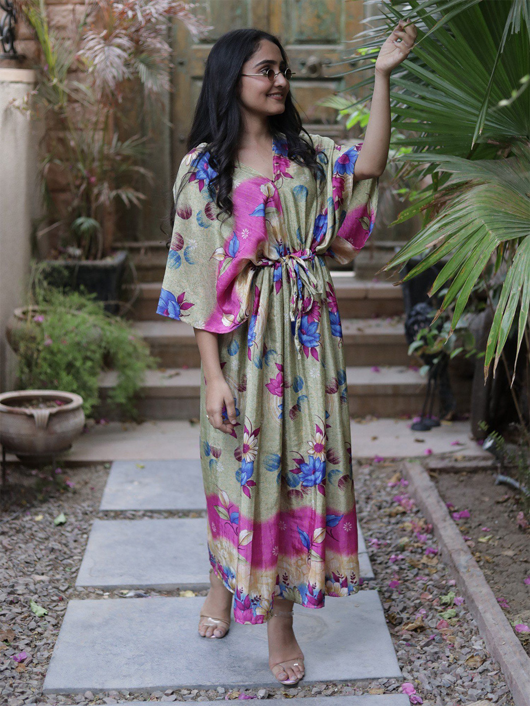 Exotic India Floral Printed Kimono Sleeves Pure Silk Vintage Tie Kaftan Maxi Dress