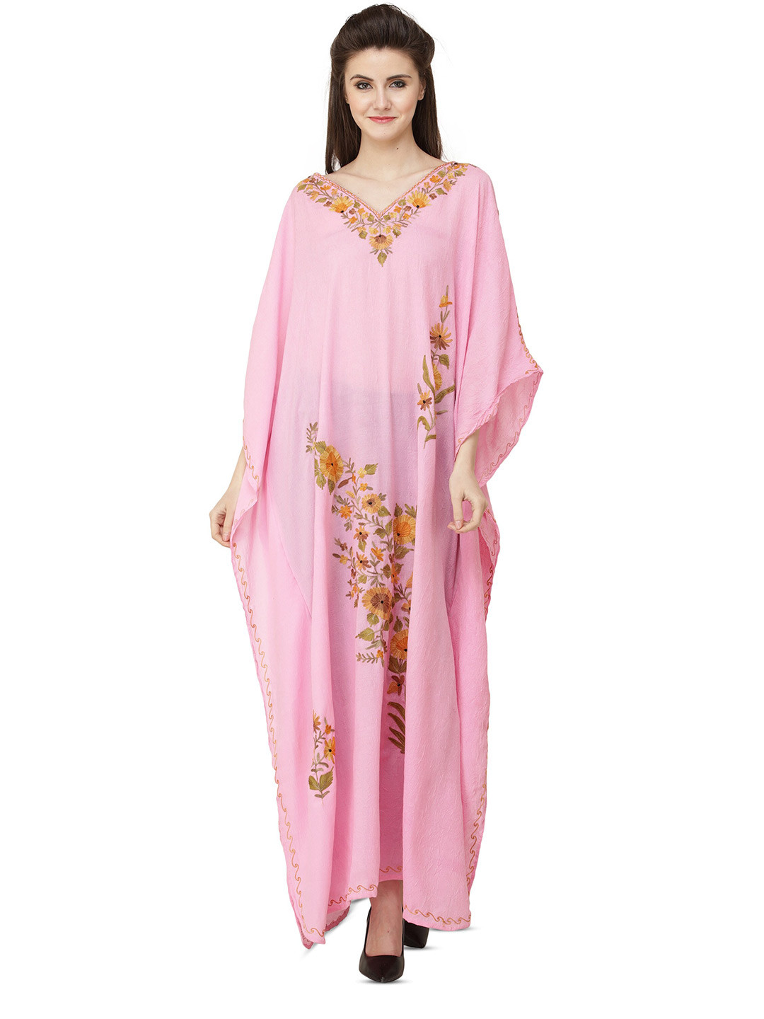 Exotic India Pink Crushed Kashmiri Kaftan with Aari Embroidered Multicolored Flowers