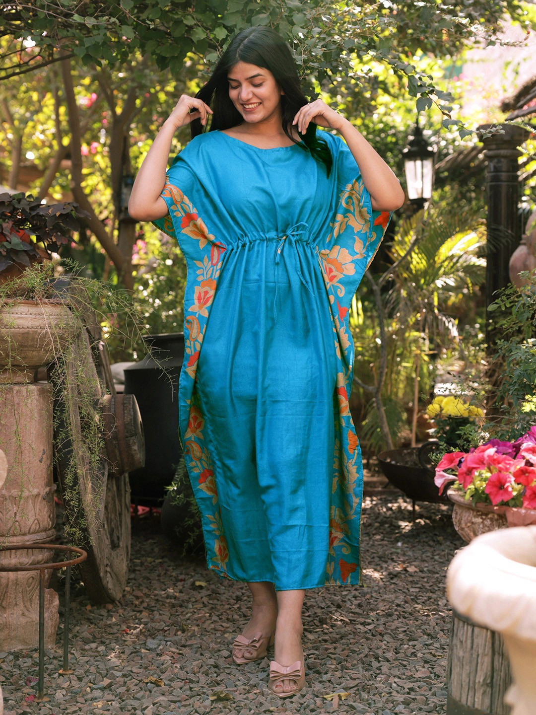 Exotic India Enamel Blue Vintage Pure Silk Long Kaftan with Dori