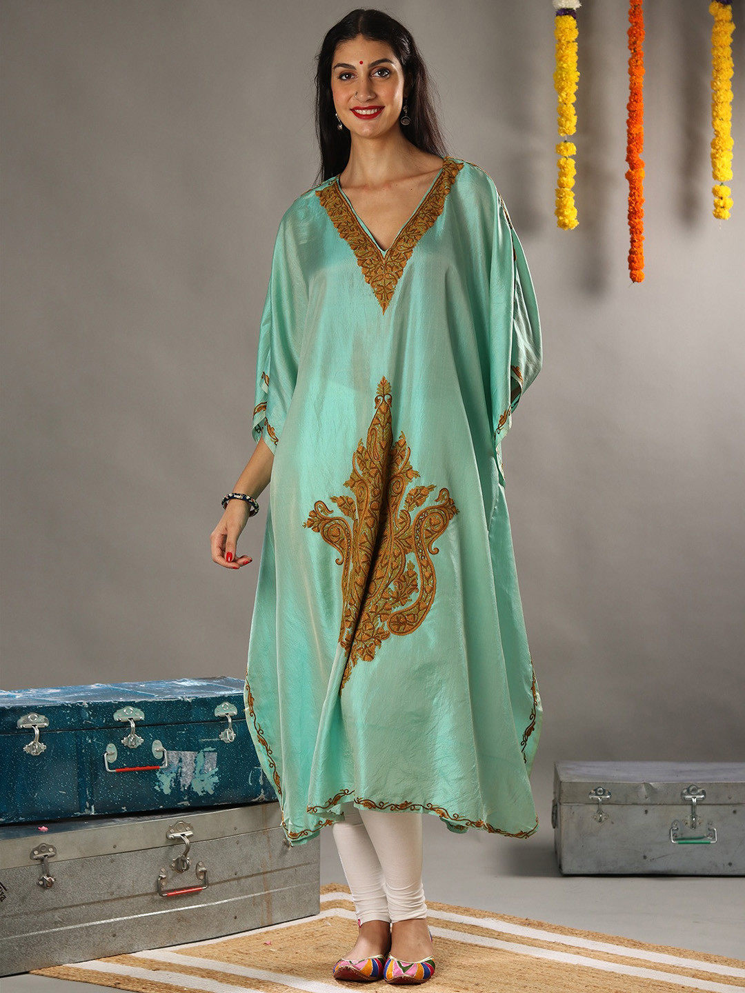 Exotic India Turqouise Aari Floral Embroidered Satin Kaftan and Traditional Kashmiri Motif