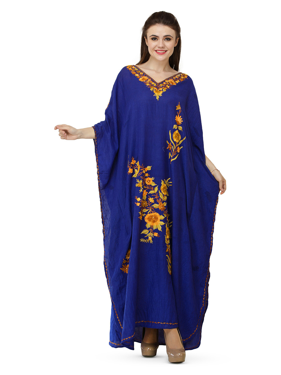 Exotic India Apple Butter Crushed Kashmiri Kaftan and Aari Embroidered Multicolored Flower