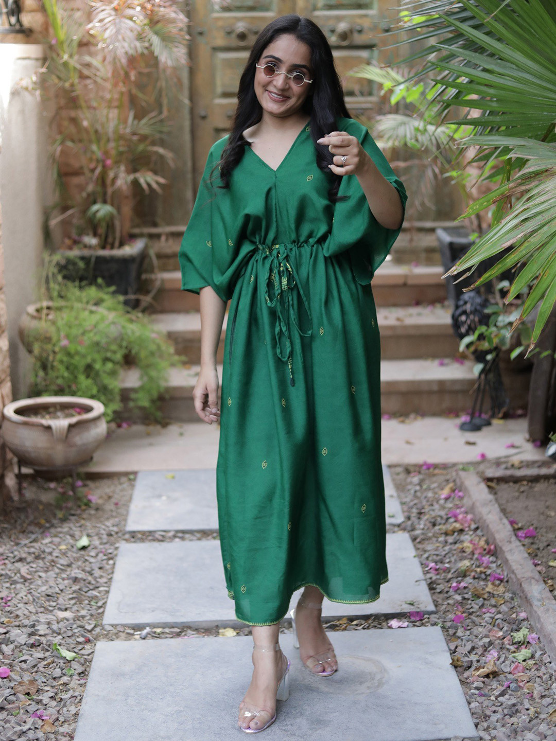 Exotic India Green Sheen Assorted Vintage Pure Silk Tie Kaftan