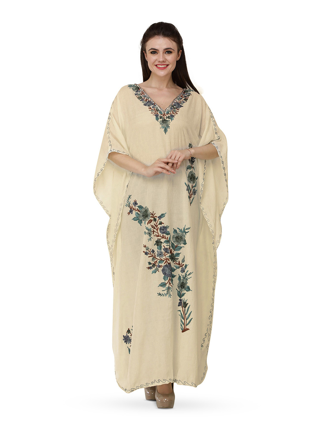 Exotic India Gray Sand Crushed Kashmiri Kaftan with Aari Embroidered Multicolored Flowers