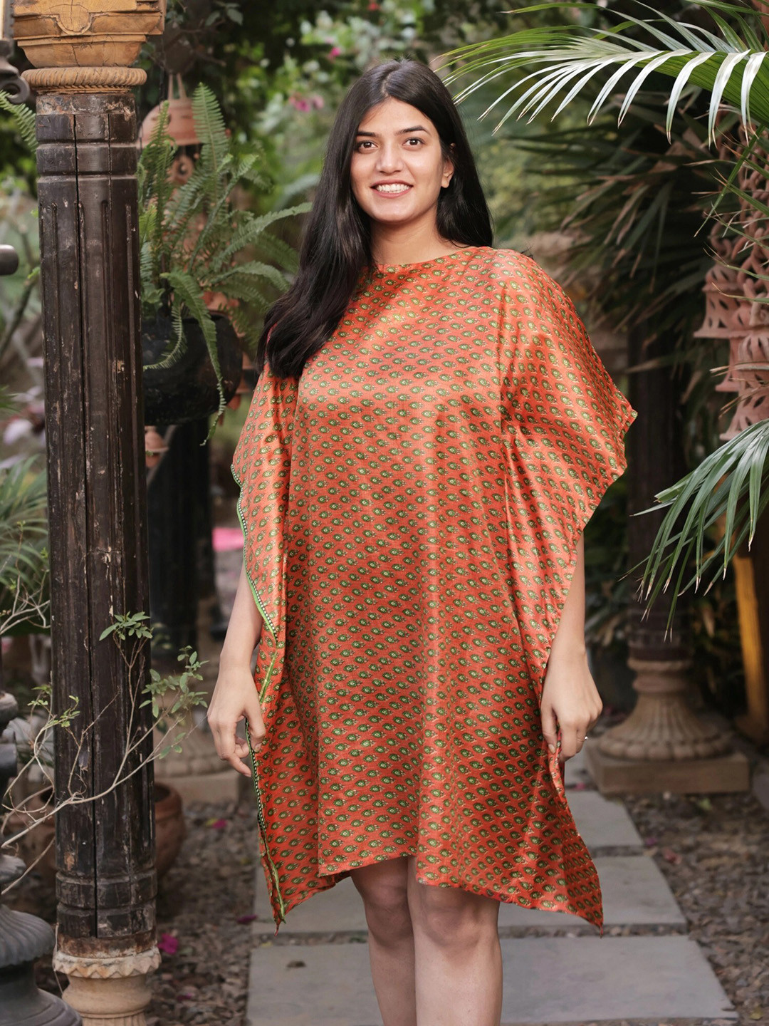 Exotic India Plus Size Floral Printed Cowl Neck Vintage Pure Silk Mecca Kaftan Dress