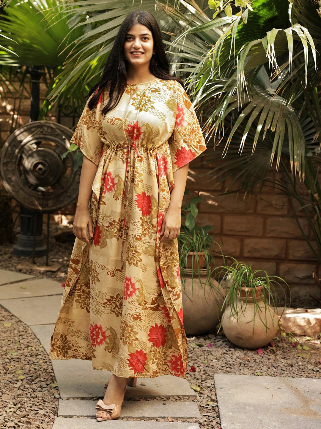 Exotic India Honey Peach Vintage Pure Silk Long Kaftan with Dori