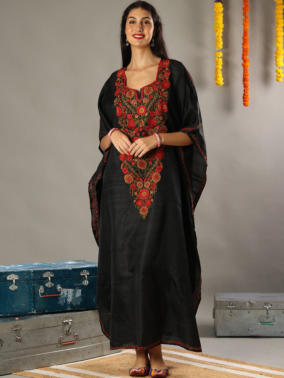 Exotic India Charcoal Black Silk Kashmiri Kaftan with Multicolored Aari Embroidery