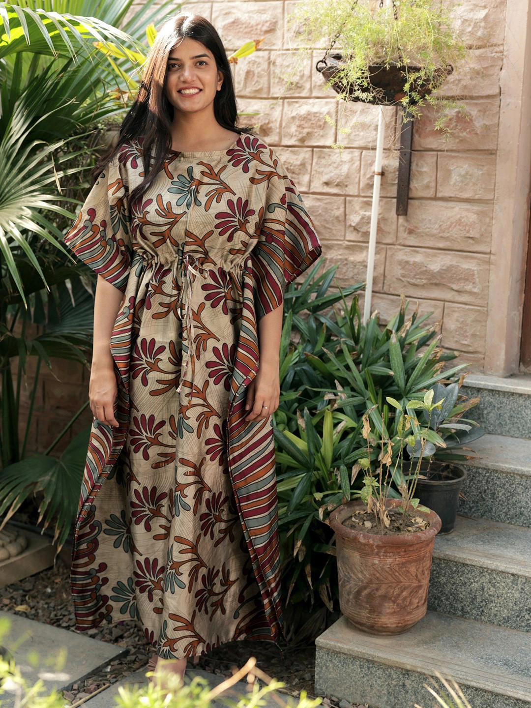 Exotic India Floral Printed Kimono Sleeves Vintage Pure Silk Kaftan Maxi Dress with Dori