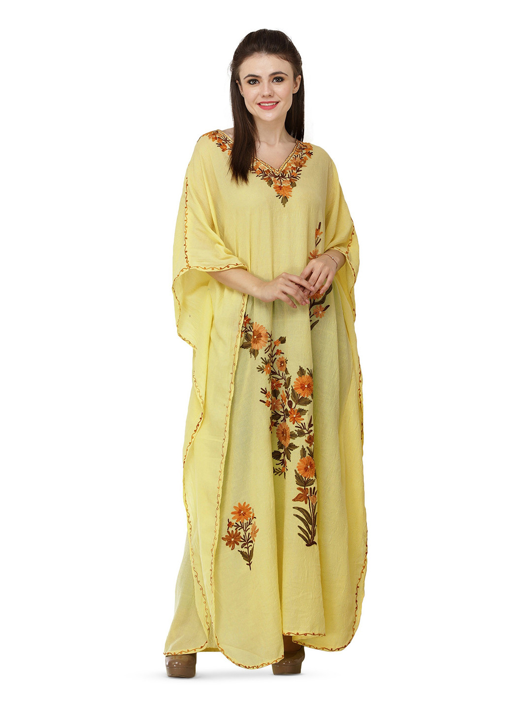 Exotic India Yellow Crushed Kashmiri Kaftan with Aari Embroidered Multicolored Flowers