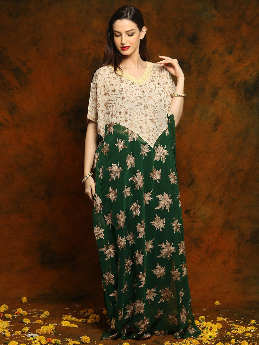 Exotic India Bottle Green Georgette Long Kaftan with Golden Embroidery & Lace on Neck