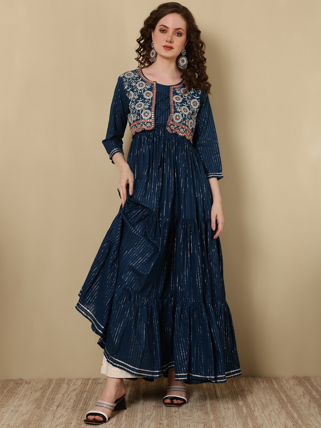 GLAM ROOTS Geometric Printed Flared Gotta Patti Cotton Anarkali Kurta