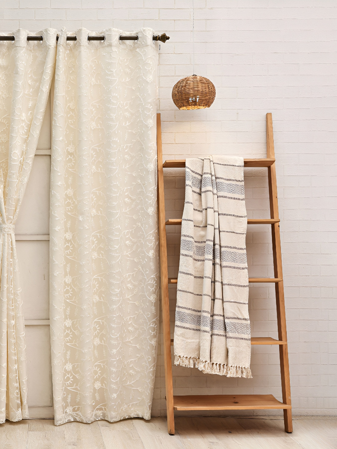 Ariana Off White Floral Embroidered Room Darkening Door Curtain