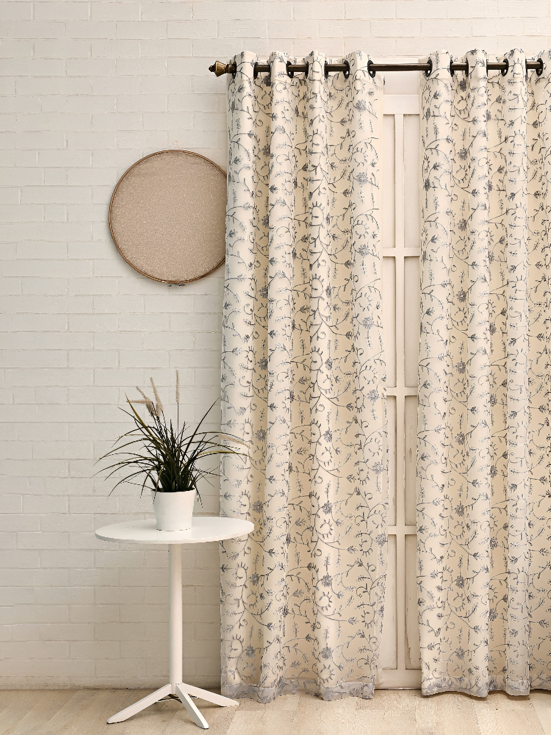 Ariana Grey & White Floral Embroidered Room Darkening Eyelets Long Door Curtain