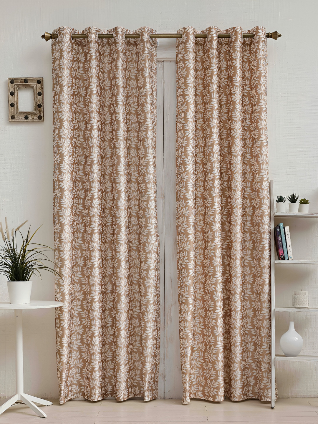 Ariana Brown & White 2 Pieces Floral Printed Room Darkening Eyelets Long Door Curtains