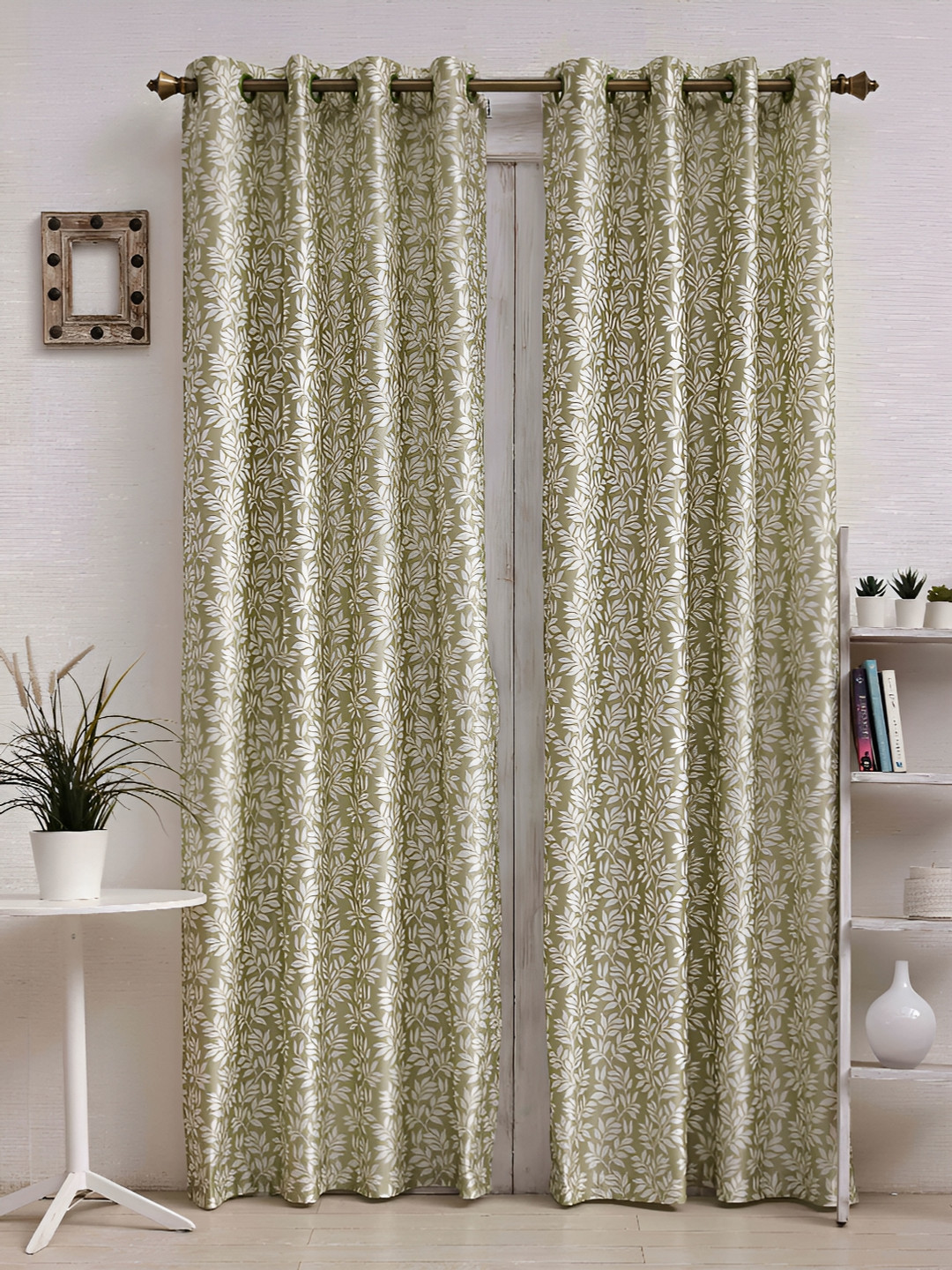 Ariana Breeze Green & White 2 Pieces Floral Room Darkening Door Curtain