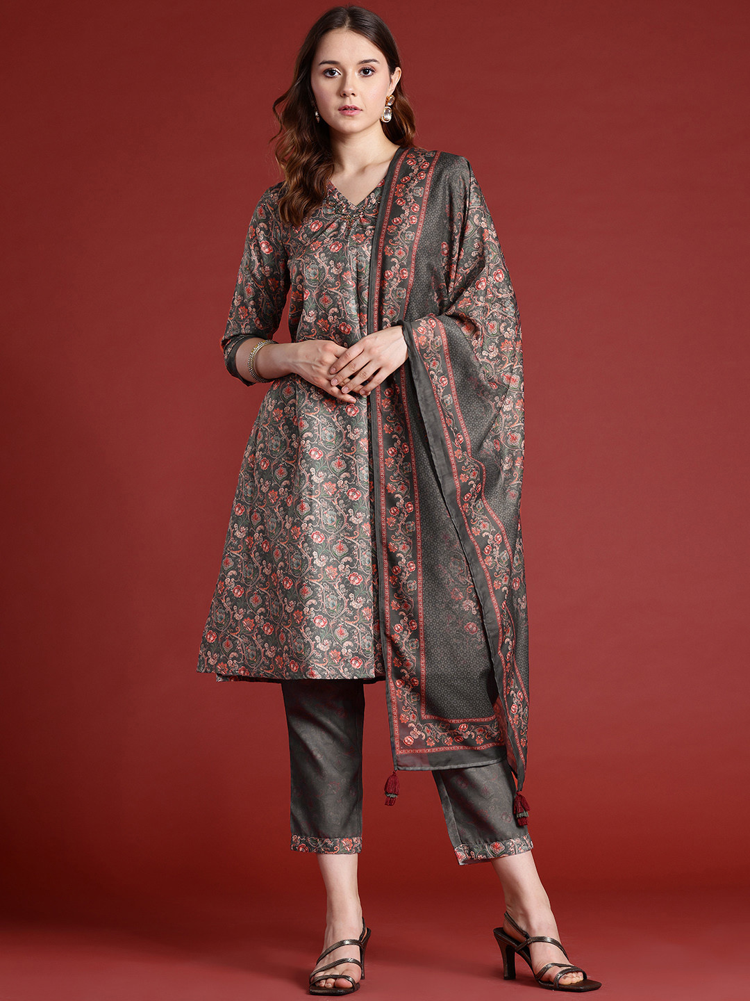 Anouk Floral Printed Kurta Set With Dupatta