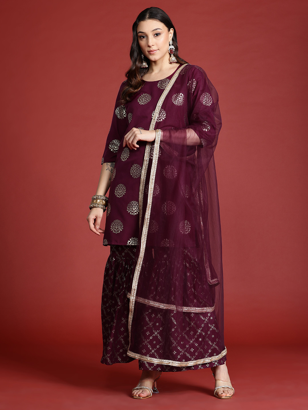 Anouk Tyohaar Foil Print Kurta with Sharara & Dupatta