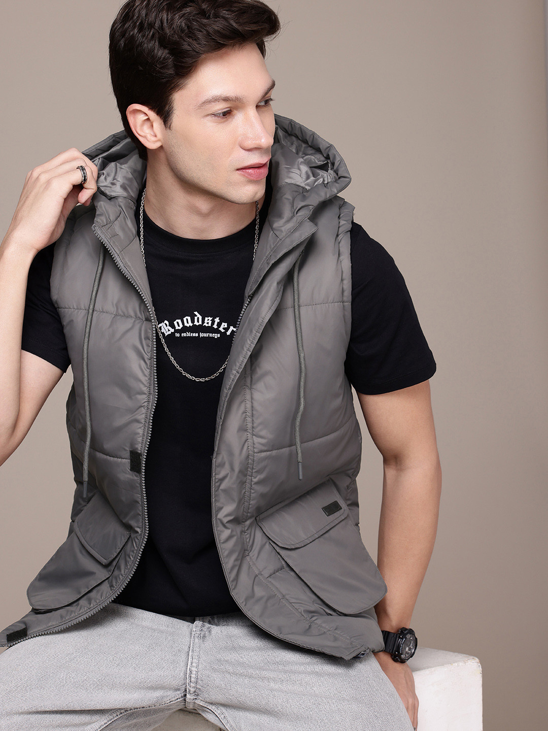 WROGN Sleeveless Padded Hooded Jacket