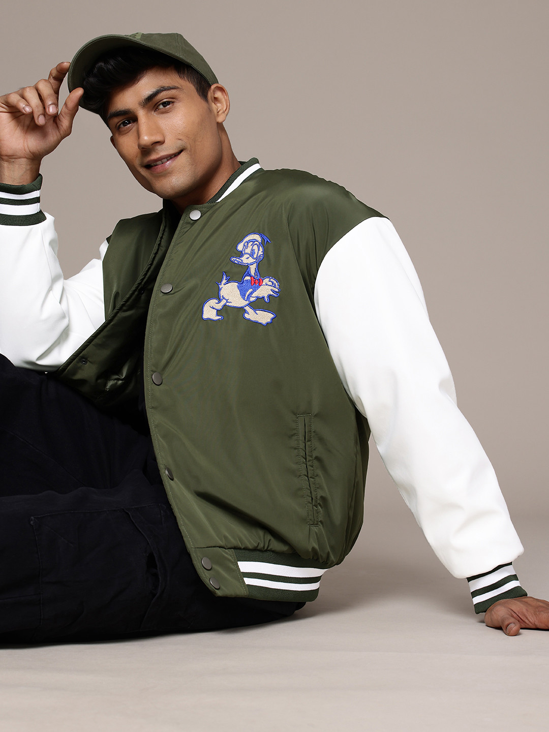 WROGN Donald Duck Embroidered Mandarin Collar Oversized Fit Padded Varsity Jacket