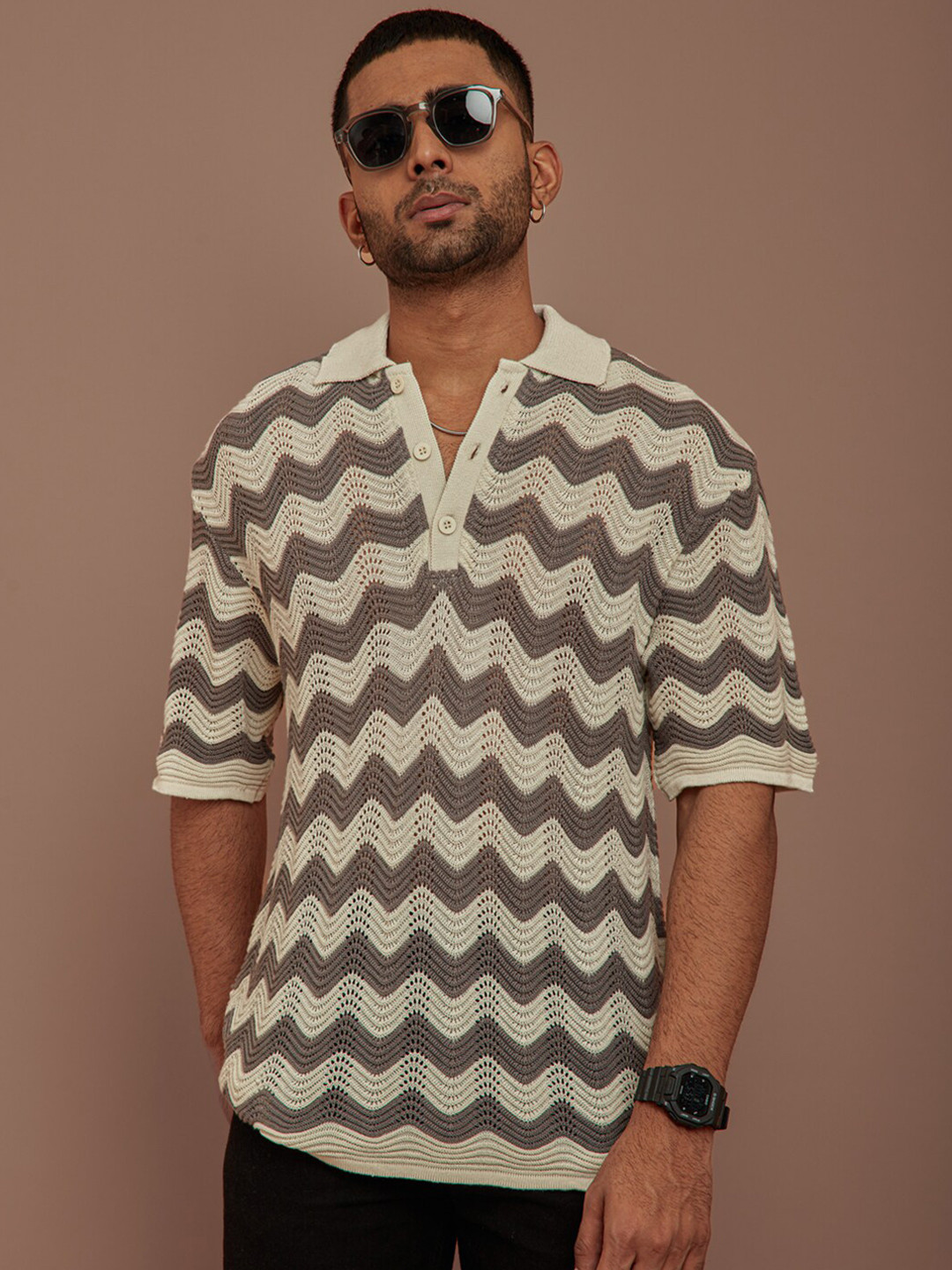 Powerlook Grey Geometric Printed Polo Collar Oversized T-shirt