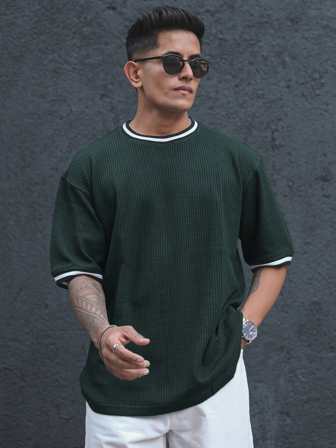 Powerlook Green Cotton Round Neck Oversized T-shirt