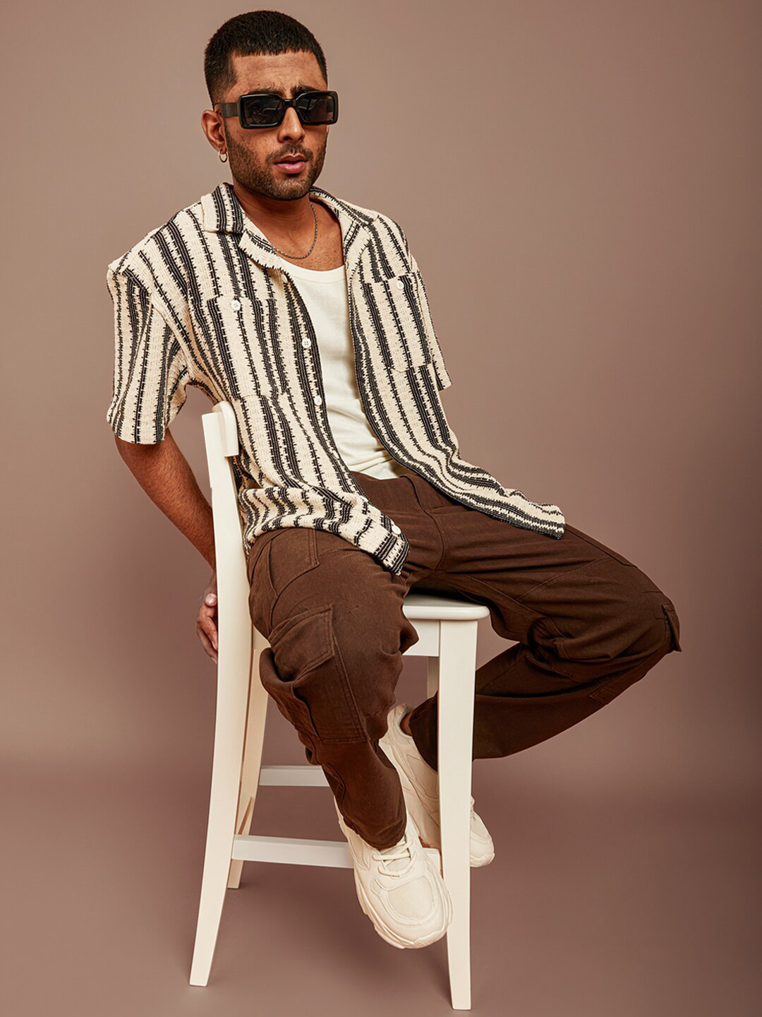 Powerlook Black and Off White Striped Semi Sheer Cotton Oversized Shirt