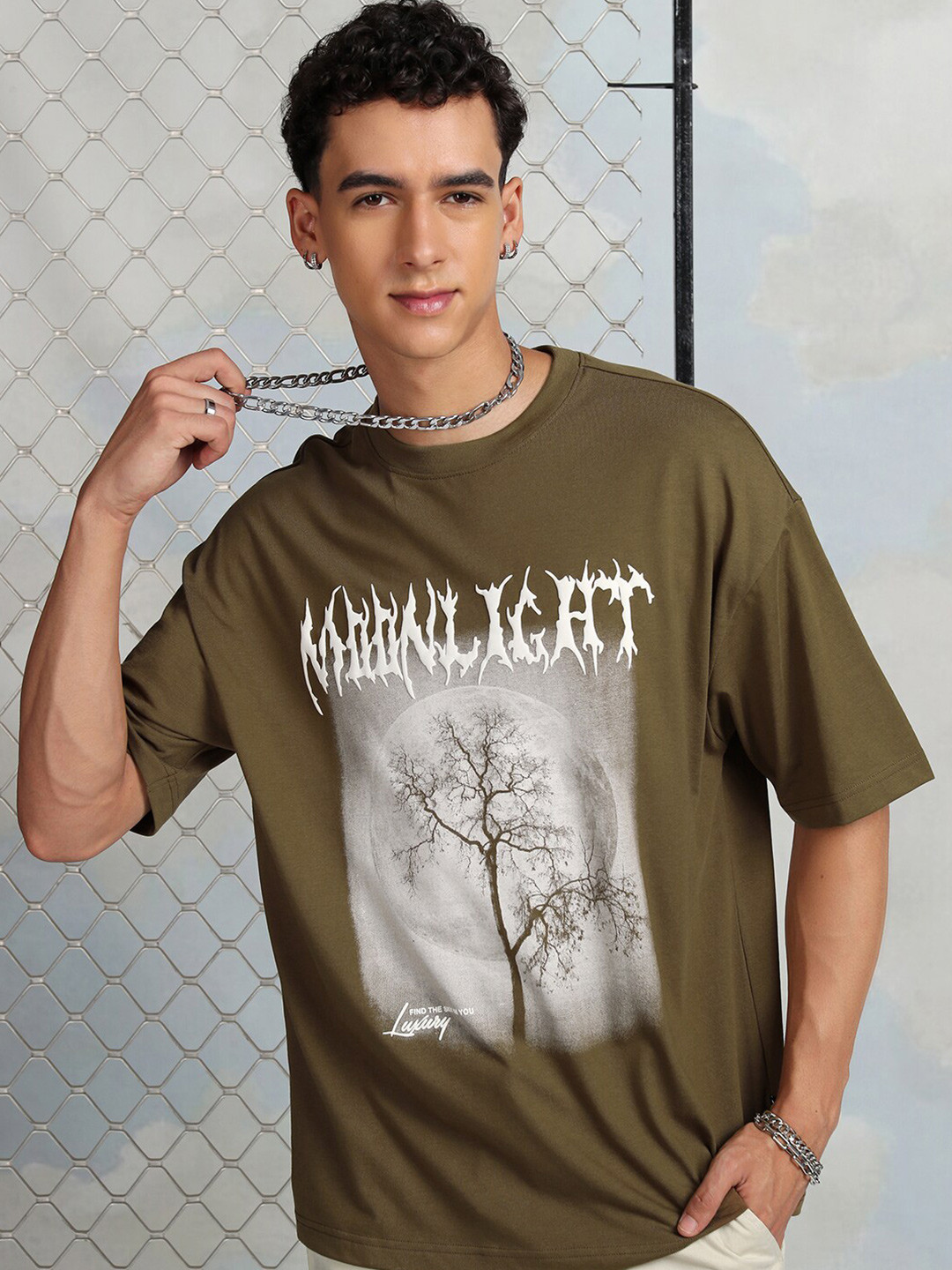 HIGHLANDER Men Puff Printed Round Neck Half Sleeve Oversized Fit Drop Shoulder Tshirt