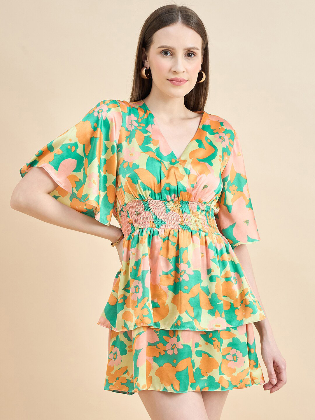 JUNE & HARRY V Neck Floral Printed Flared Sleeve Satin Fit & Flare Dress