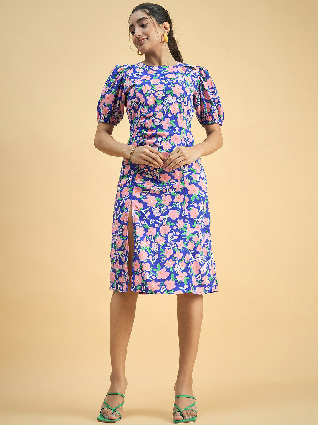 JUNE & HARRY Round Neck Floral Printed Puff Sleeve Crepe A-Line Dress