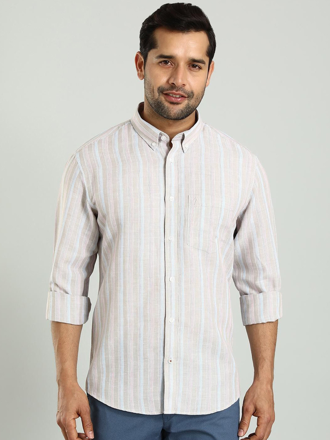 Indian Terrain Button Down Collar Long Sleeves Slim Fit Striped Casual Shirt