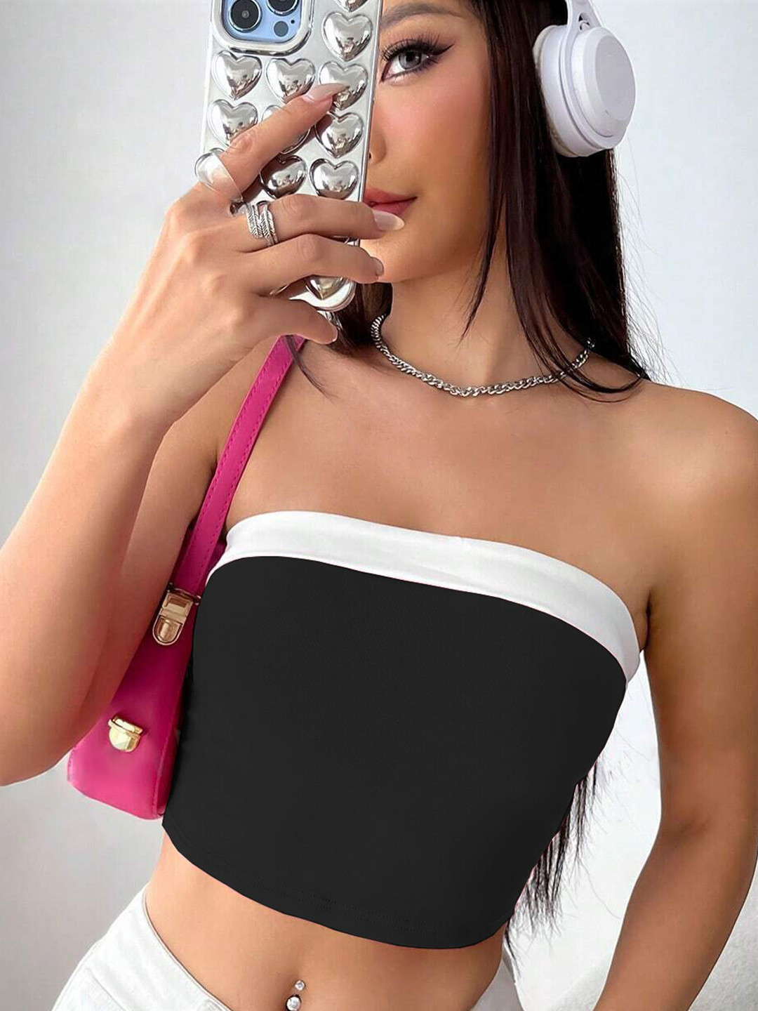 RARE Black & White Colourblocked Strapless Crop Top