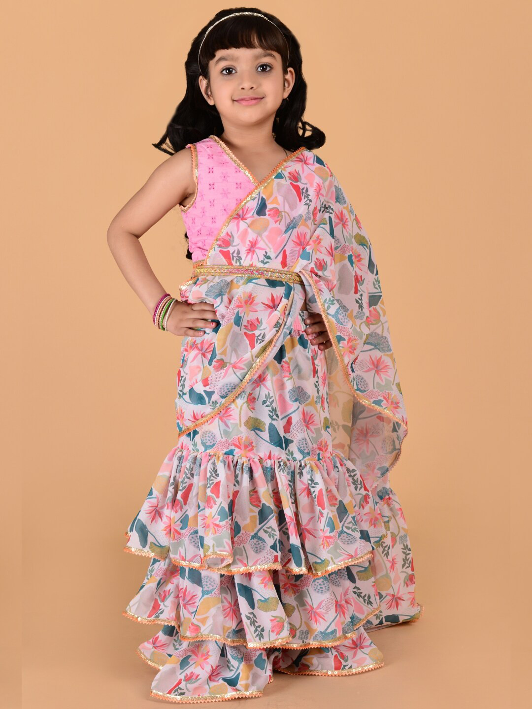 Cutiediva Floral Ruffle  Sequinned Pure Georgette Ready to Wear Saree