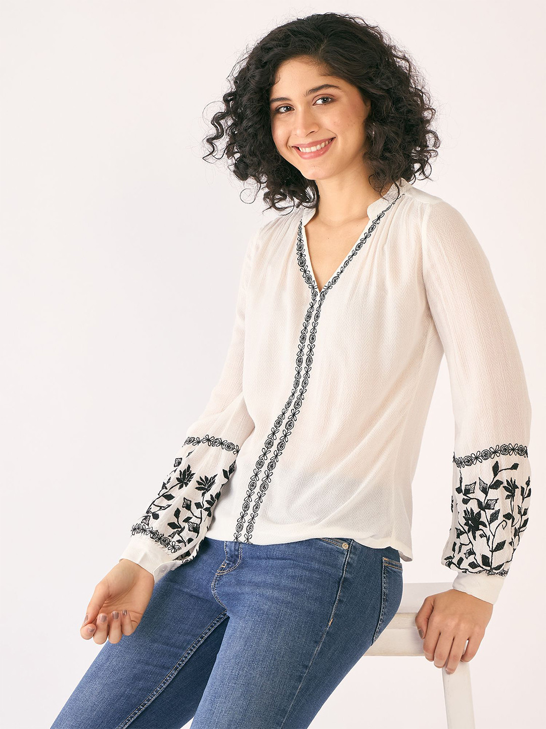 SALT ATTIRE Floral Embroidered Mandarin Collar Cuffed Sleeves Shirt Style Top