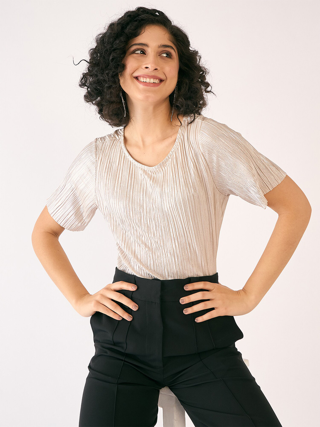 SALT ATTIRE Striped Round Neck Short Sleeves Satin Top