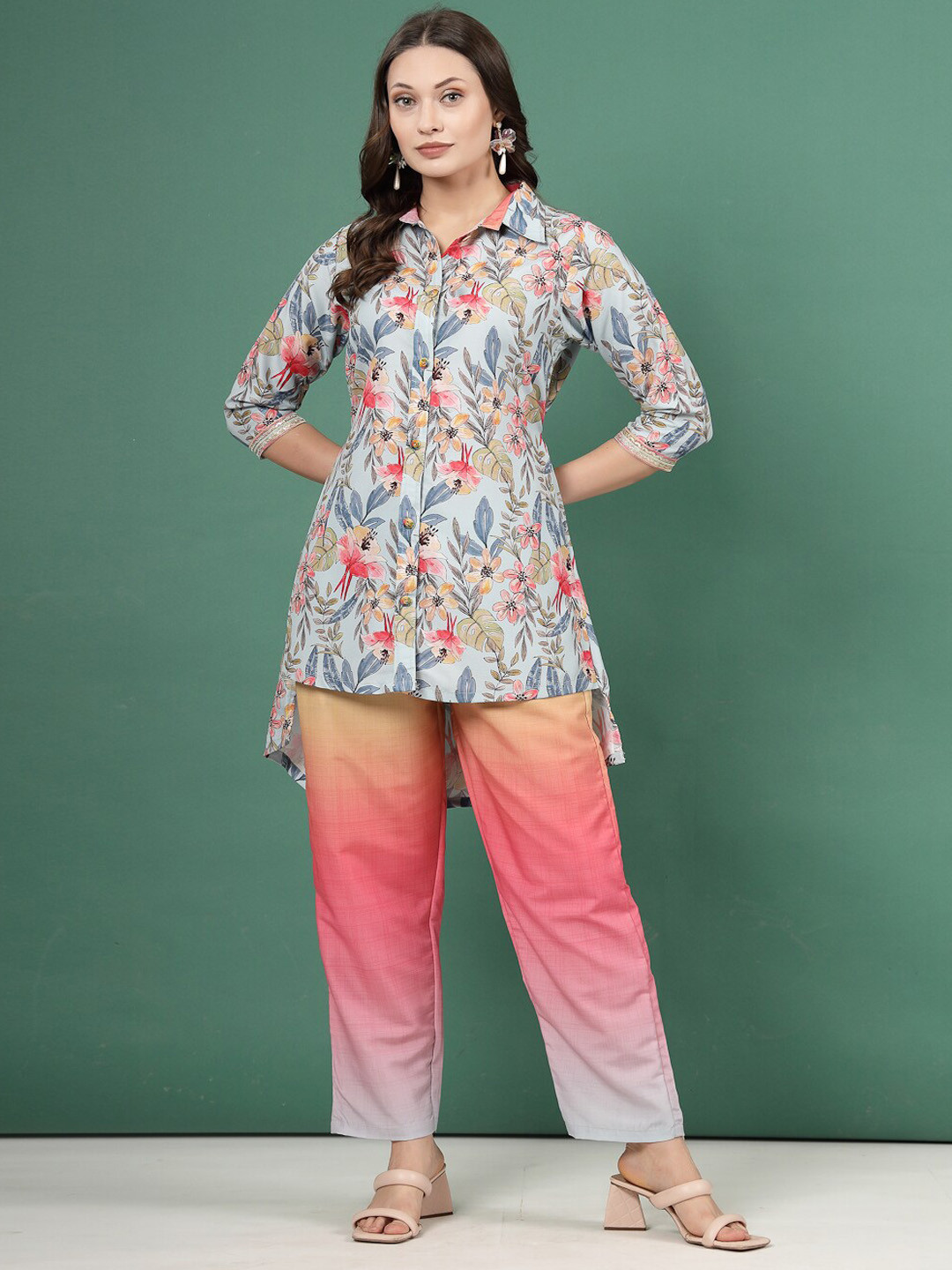 Clora Creation Women Floral Printed Tunic With Ombre Design Trouser Co-Ords