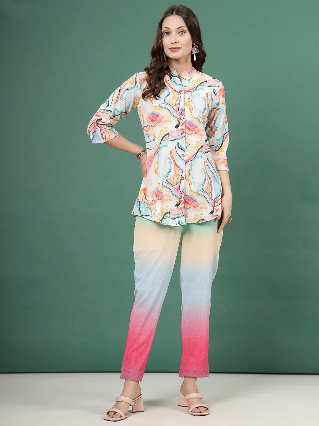 Clora Creation Women Abstract Printed Shirt With Ombre Design Trouser Co-Ords