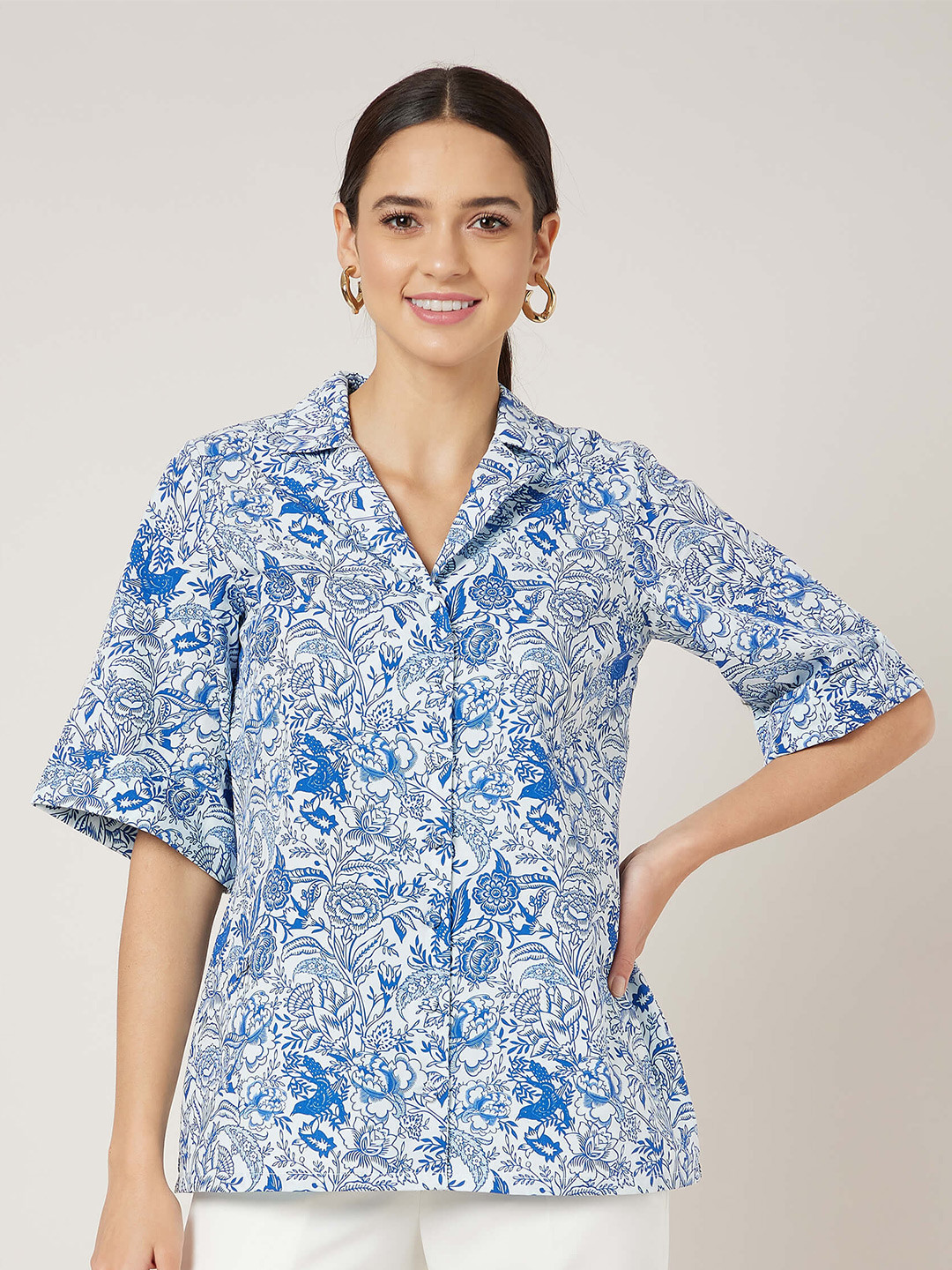SALT ATTIRE Floral Printed Cuban Collar Short Sleeves Casual Shirt