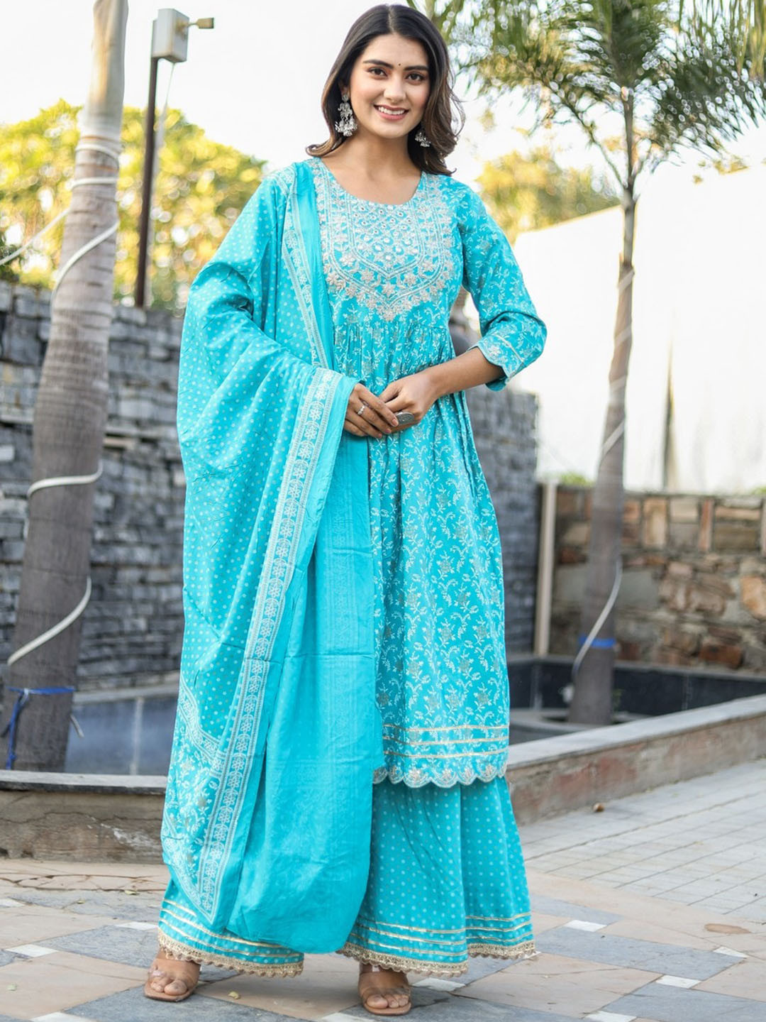 HEBA Floral Embroidered Round Neck Three-Quarter Sleeves Kurta Set